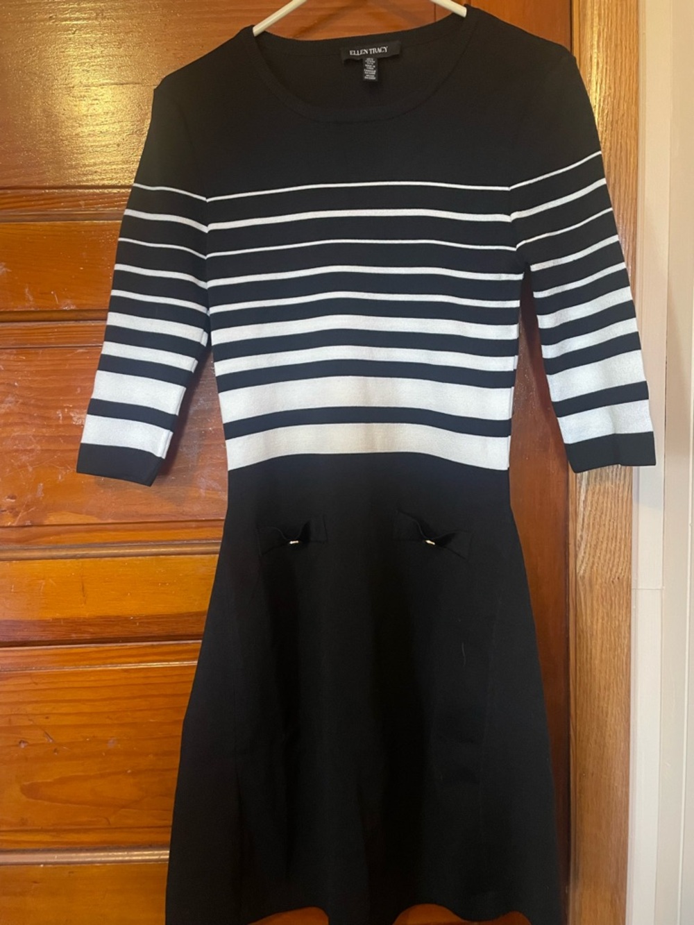 Ellen Tracy Black and White Striped Knit Fit-and-Flare Dress